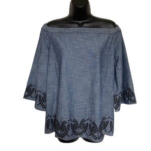 NWT Calvin Klein 100% Cotton Embroidered Off the Shoulder Top Blouse Blue Sz M